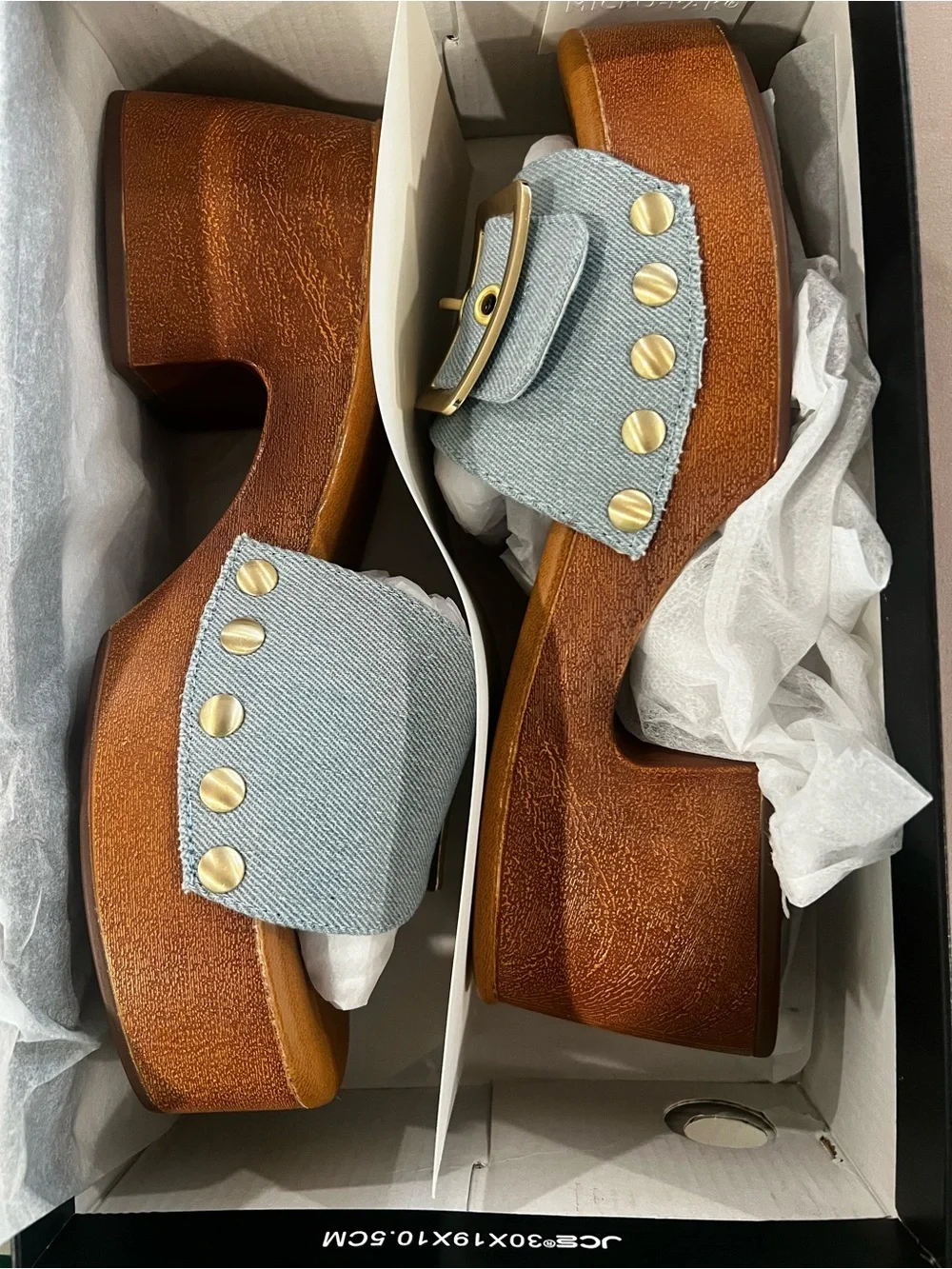 🩵🤎Madden Girl Blue Denim and Brown Platform Slide Sandals with Gold Studs SZ 8